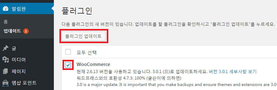 플러그인 선택한 다음 플러그인 업데이트 버튼 클릭