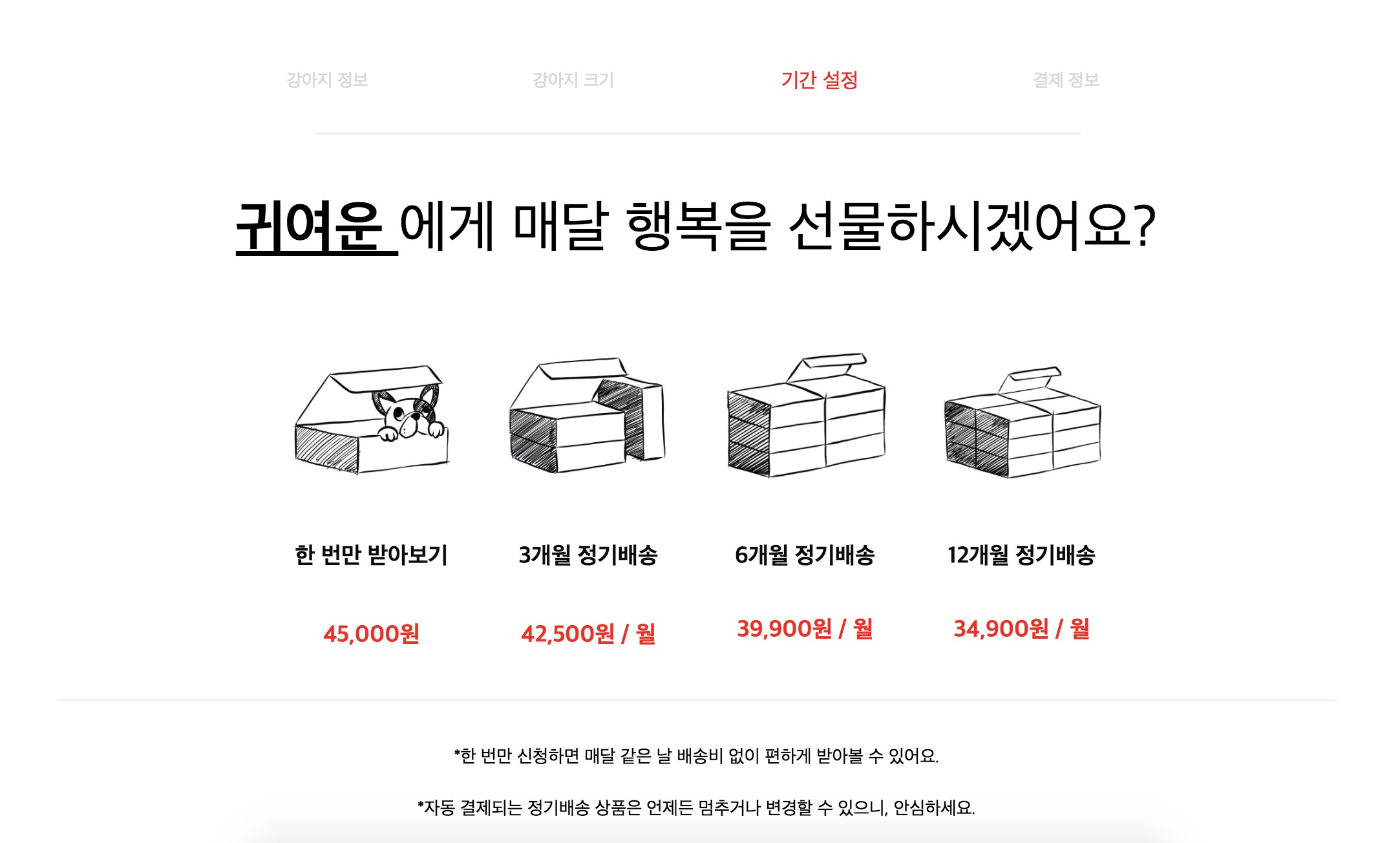 워드프레스 정기결제 사례 베이컨 박스 사이트 정기결제 기간 선택 창